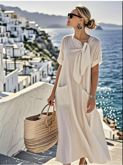 Comfortable women's A-line midi dress with short sleeves & pockets. A versatile casual and everyday summer dress.