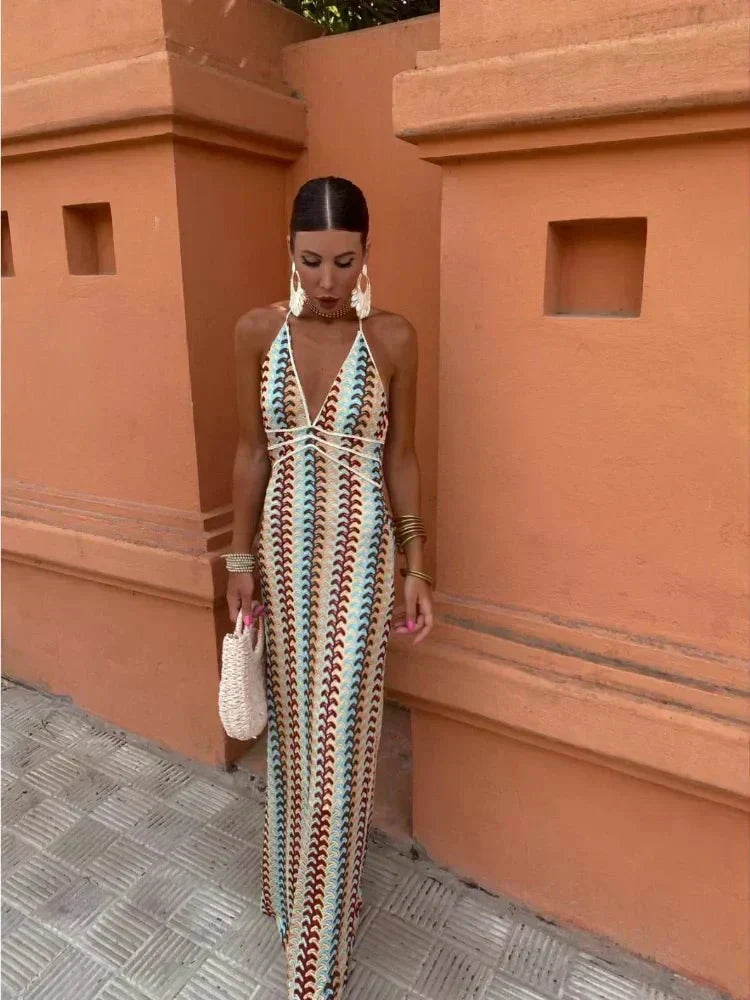 Chic Boho Printed Maxi Wedding Guest Dress, elegant summer halter style for women.