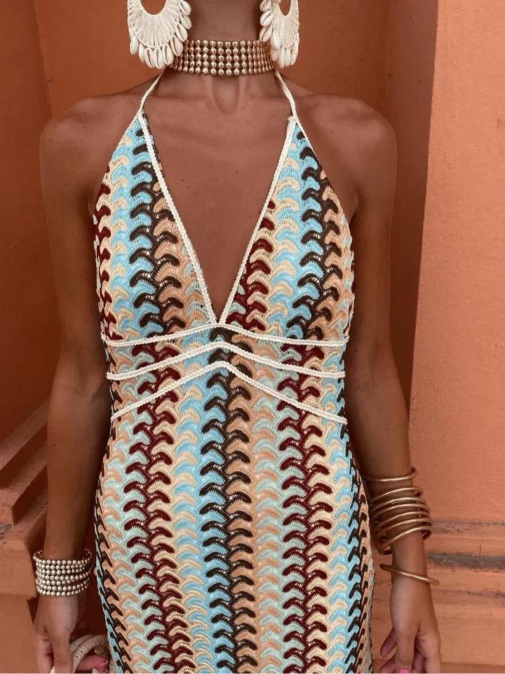 Vibrant printed bohemian maxi dress, colorful & chic, a stylish choice for summer events.