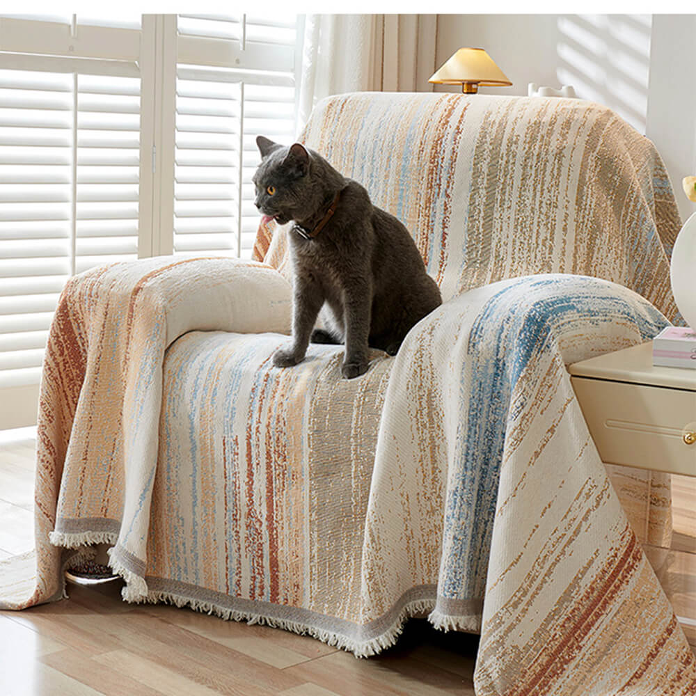 Chic chenille sofa throw couch cover with fringe, ombre jacquard pattern, bohemian home decor