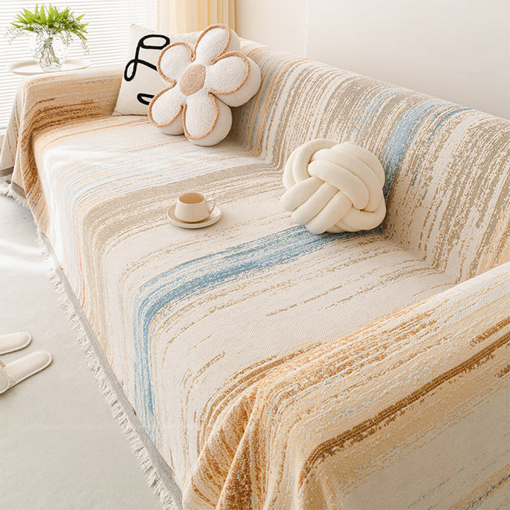 Soft and stylish chenille sofa cover, fringe and ombre jacquard for bohemian home decor