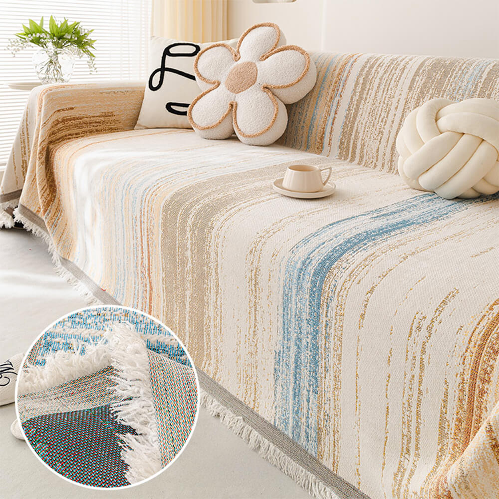 Bohemian chenille sofa cover with fringe, elegant ombre jacquard design, furniture protection