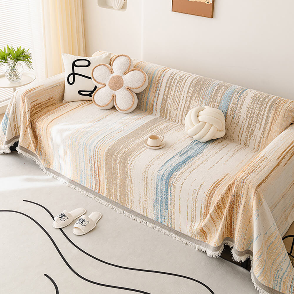 Luxury chenille couch throw with decorative fringe, sophisticated ombre pattern for living room