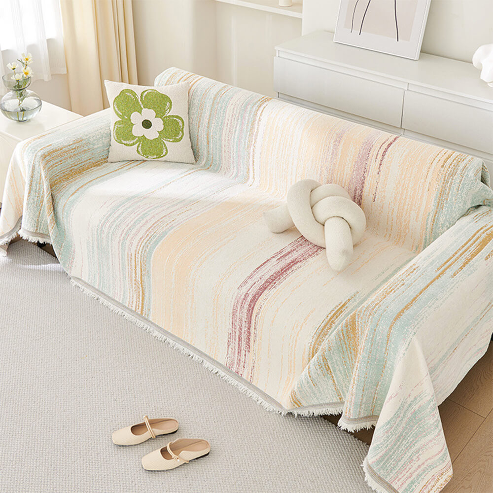 Ombre jacquard chenille sofa cover, bohemian style with fringe, adds elegance to furniture