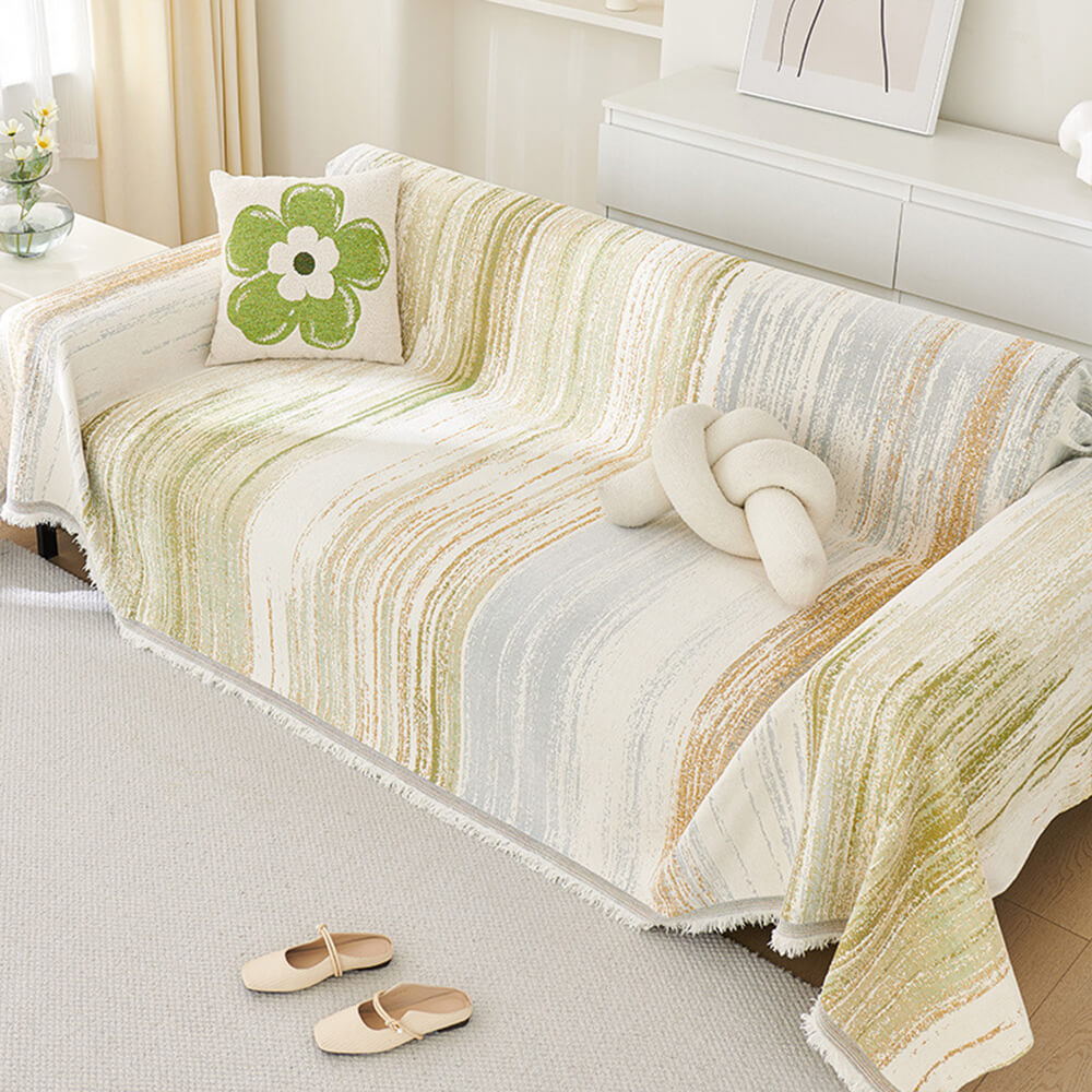 Soft chenille couch throw, fringe detail, ombre jacquard pattern, ideal for home decor