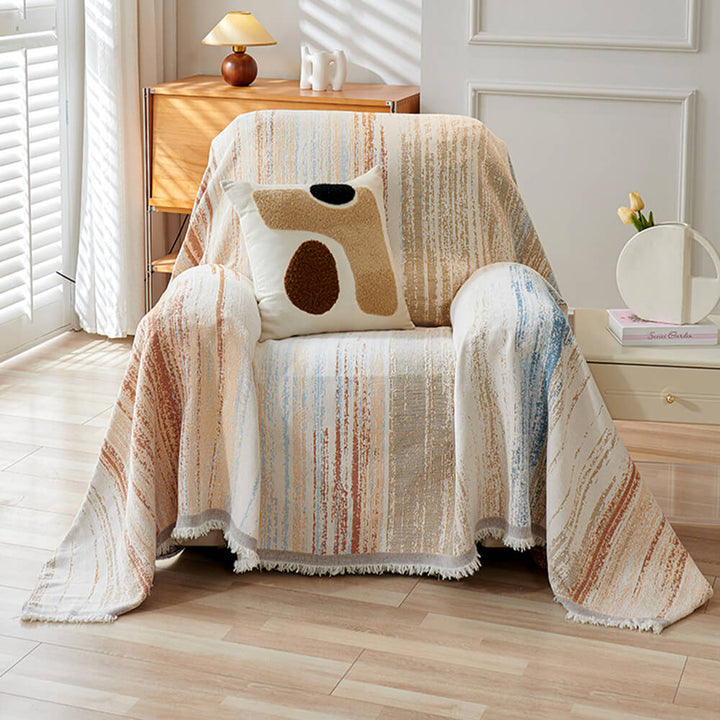 Decorative chenille sofa throw blanket, ombre colors, fringe edges, bohemian aesthetic