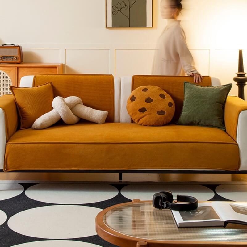 Texture shot of the ribbed corduroy fabric, highlighting the quality of the anti-slip couch cover