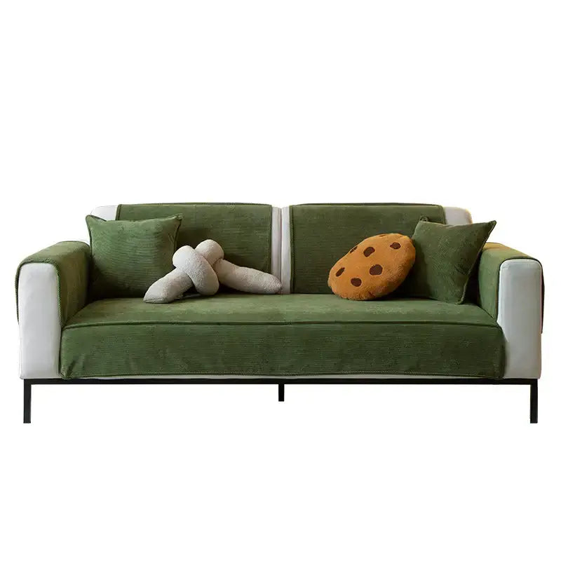 Full view of an cream corduroy sofa protector, an anti-slip solution for pet-friendly home decor