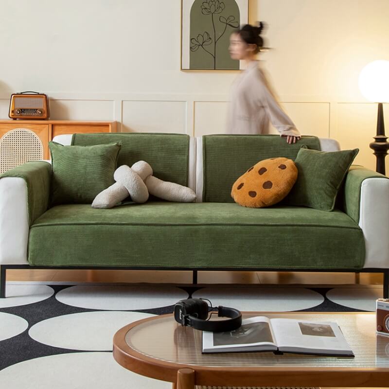 Pet-friendly corduroy couch cover in a versatile charcoal, providing anti-slip furniture protection