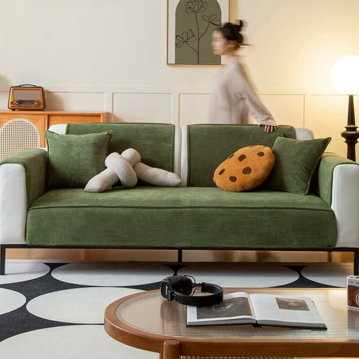 Pet-friendly corduroy couch cover in a versatile charcoal, providing anti-slip furniture protection