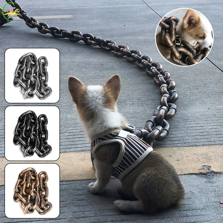 Chic gold chain link dog leash with black handle, perfect for stylish pet walking.