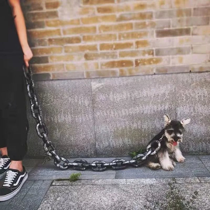 Gold tone chain link dog leash on a white background, highlighting its luxury appeal.