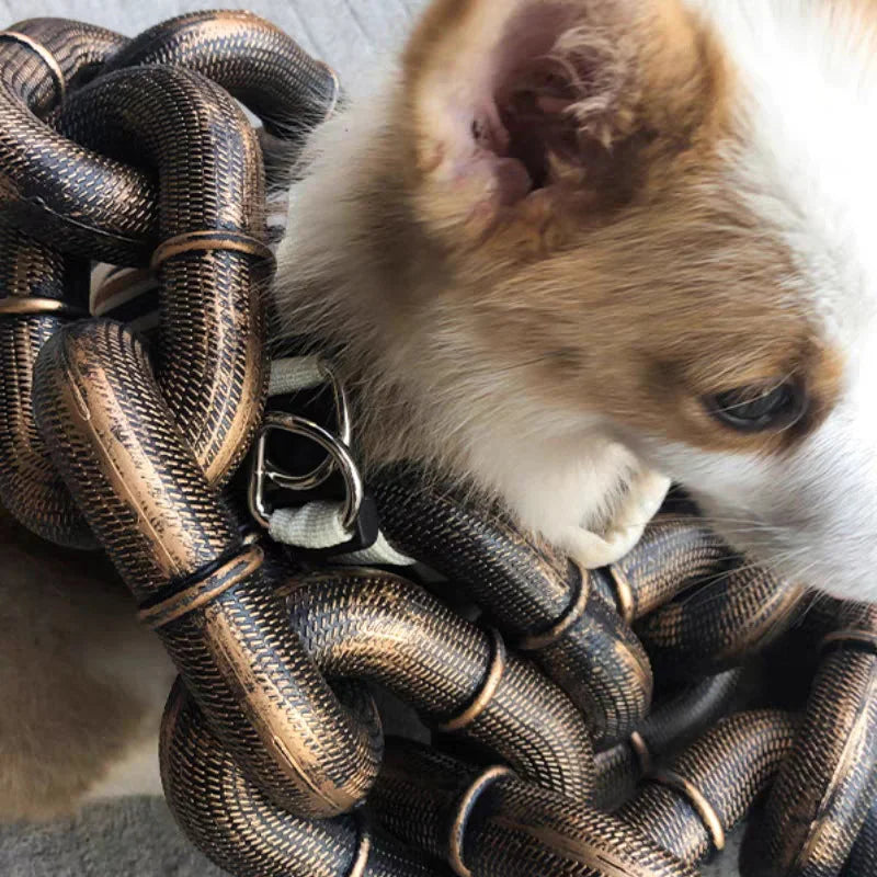 Durable silver chain link pet leash with comfortable black grip for dog walking.