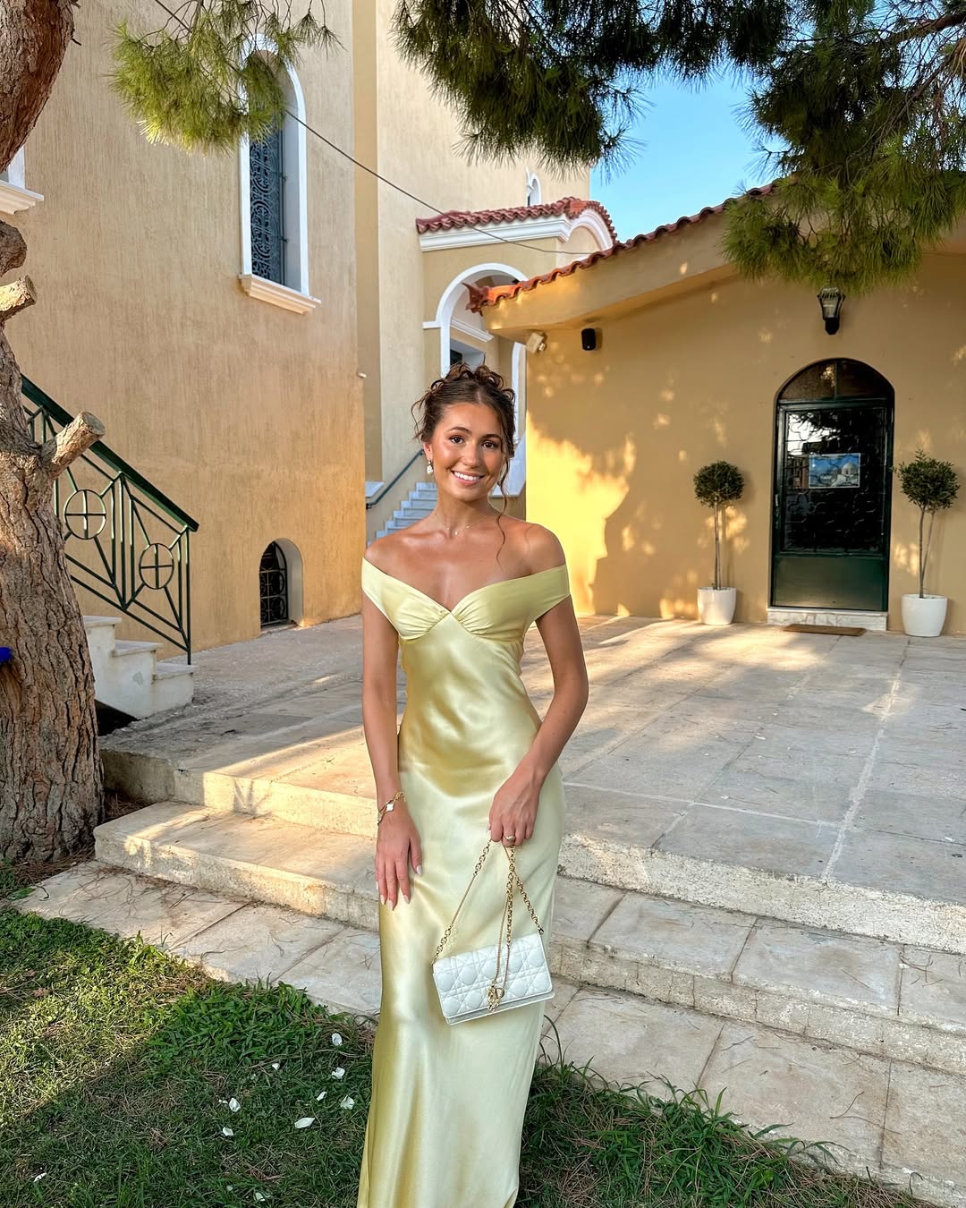 Women's chic gold off-shoulder maxi dress. Features elegant sweetheart neckline, ideal for wedding guests & formal events.