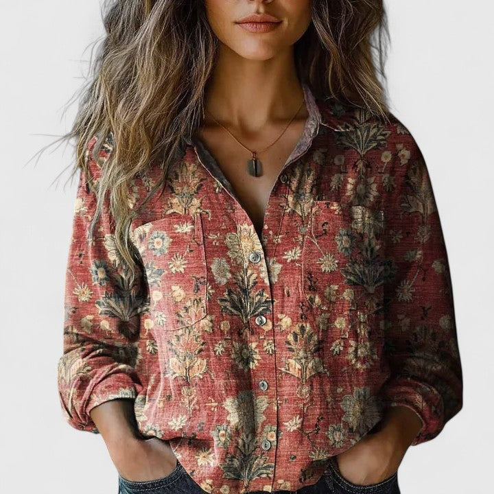 Elegant long sleeve red floral blouse for women. Stylish lapel collar top, perfect for versatile casual & office fashion.