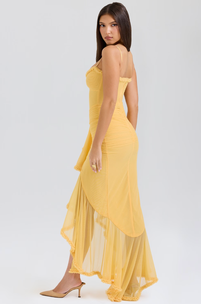 Chic Ruffle Maxi Dress, ideal wedding guest attire. Elegant women's formal gown with a sweetheart neckline.