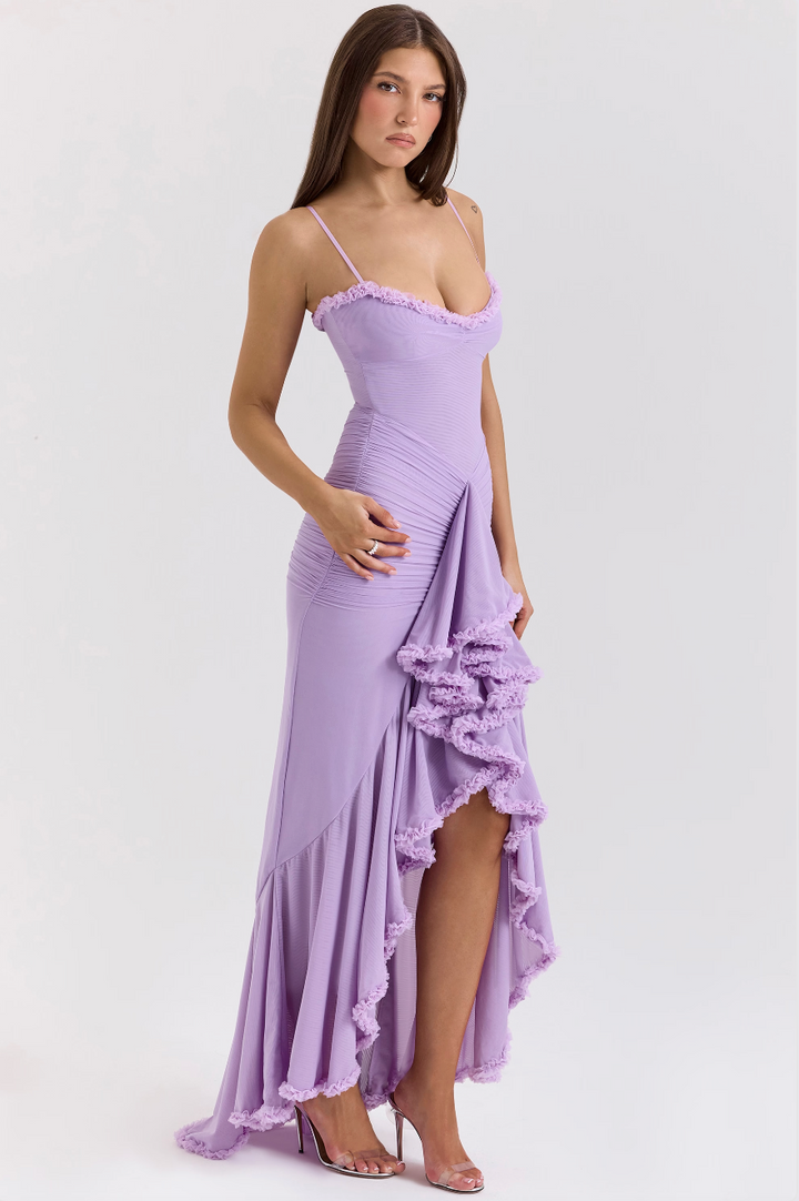 Women's elegant ruffle maxi dress, a perfect wedding guest and cocktail dress. Sweetheart neckline detail.