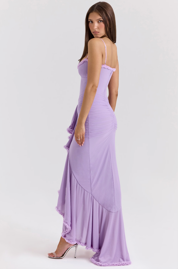 Formal ruffle maxi dress for women, a chic evening dress option for wedding guests and parties.