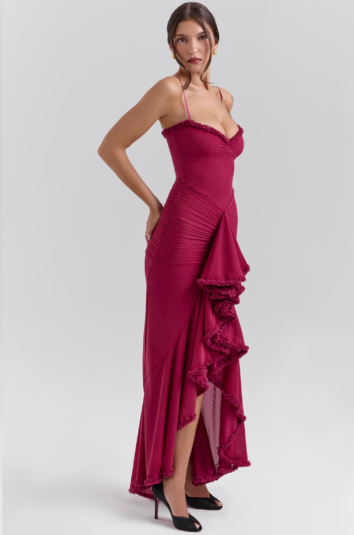 Beautiful women's wedding guest dress, long ruffle maxi style with an elegant sweetheart neckline.