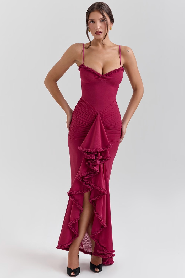 Stylish wedding guest maxi dress for women, featuring chic ruffles. Perfect formal evening wear.