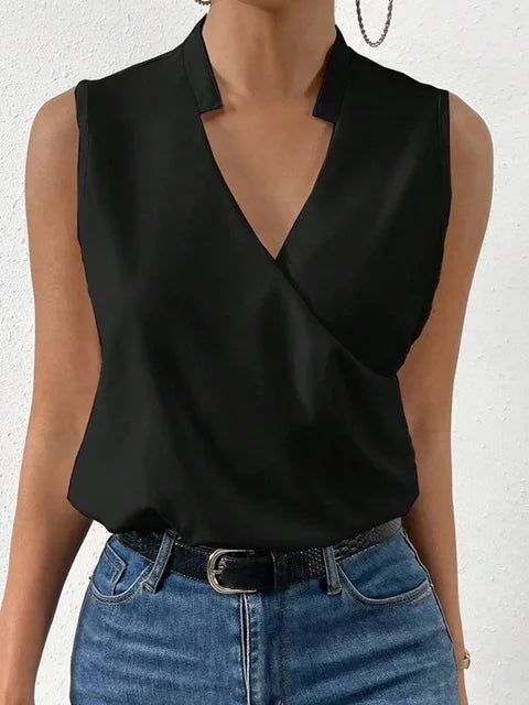Versatile women's sleeveless V-neck wrap top, ideal for casual and smart casual outfits.