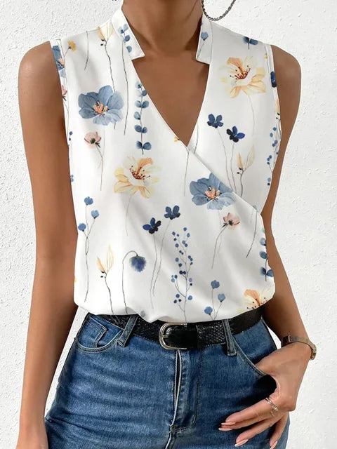 Women's apparel: Sleeveless V-neck wrap top with relaxed fit, a chic and versatile summer top.