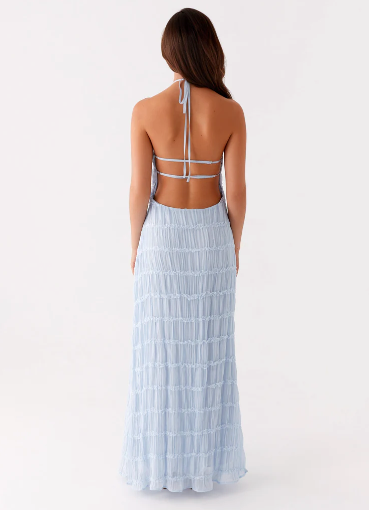 White textured halter maxi dress, beautiful, modern wedding guest or formal evening attire.