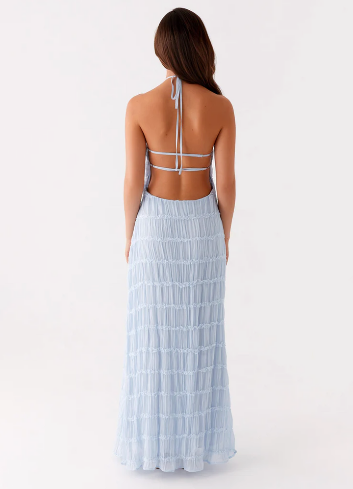 White textured halter maxi dress, beautiful, modern wedding guest or formal evening attire.
