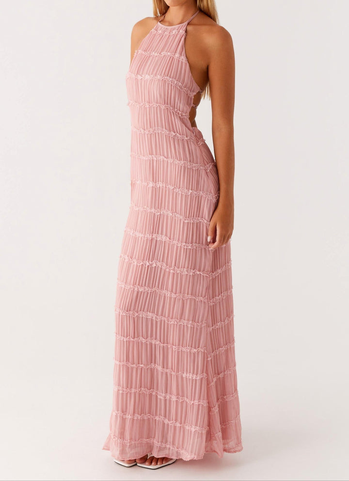 White textured halter maxi dress for women, elegant and chic wedding guest attire.