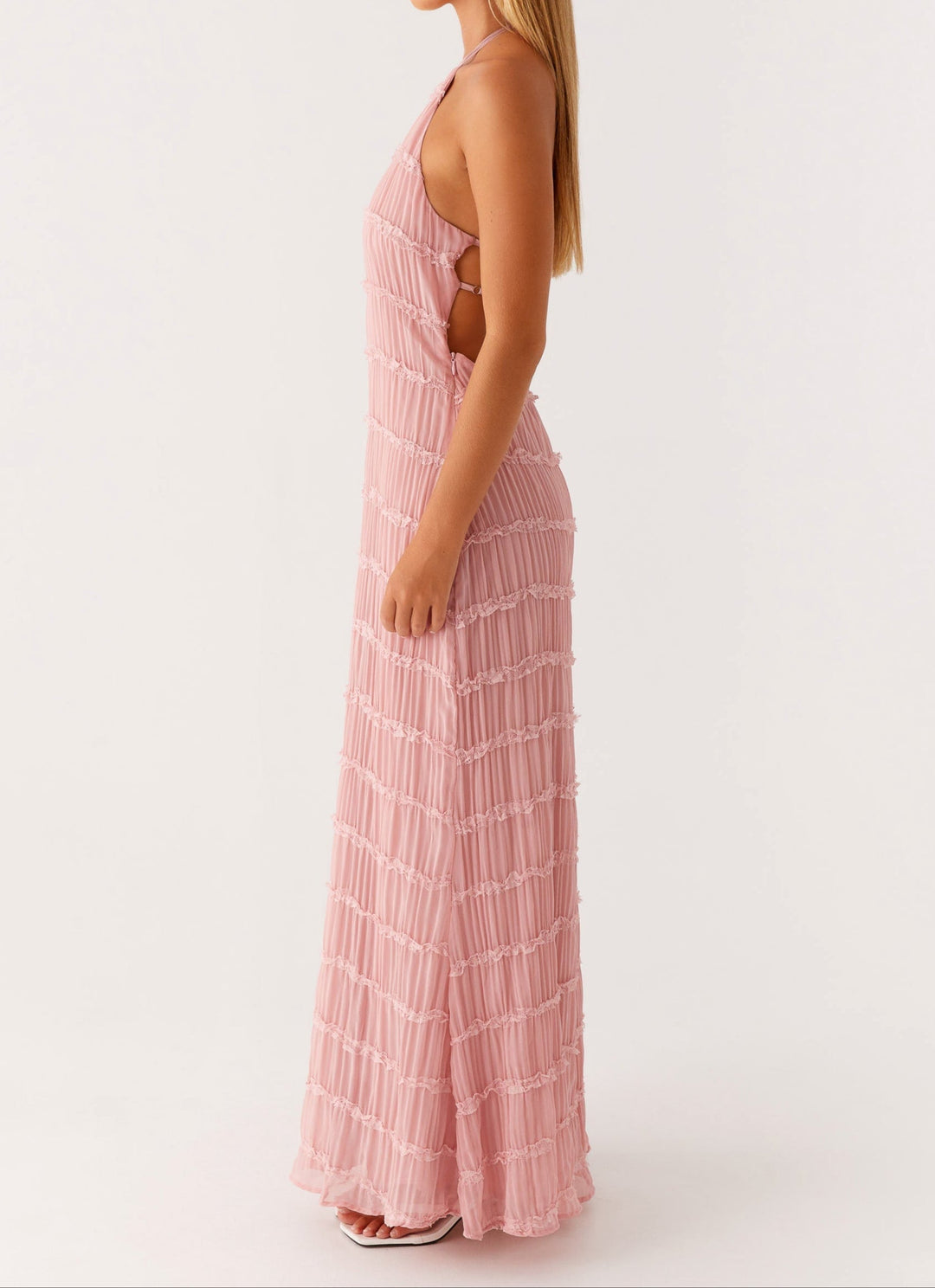 Chic halter maxi wedding guest dress, featuring beautiful textured fabric.