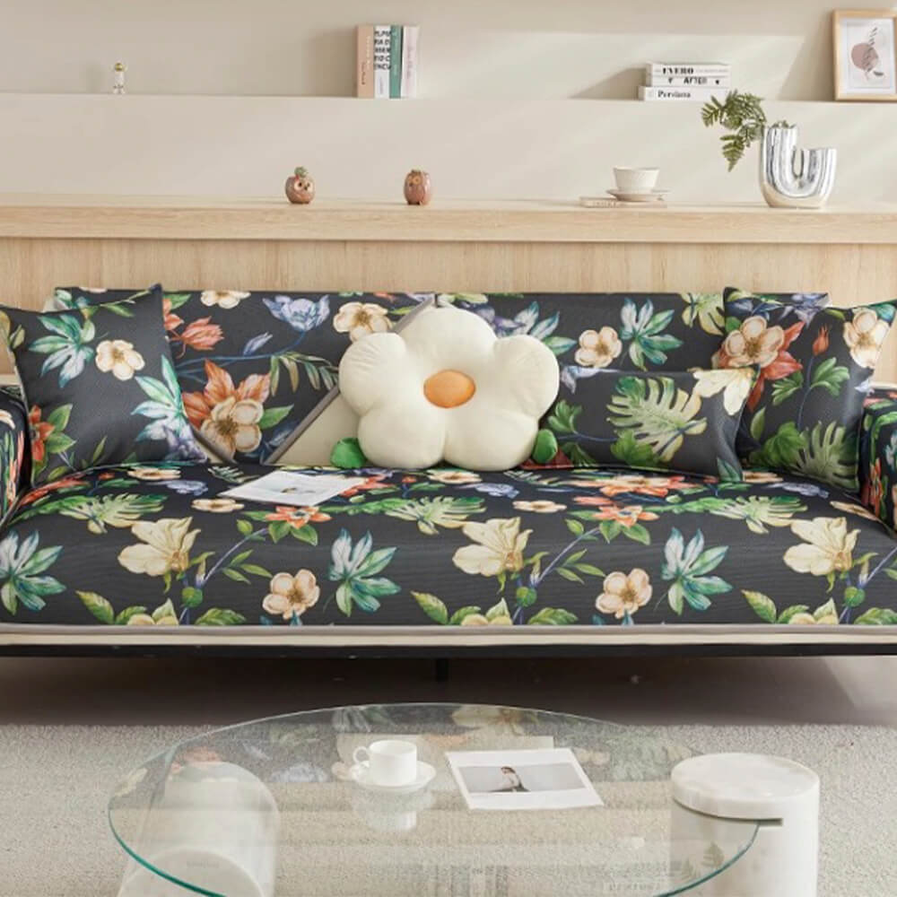 Non-slip sectional couch cover with stylish tropical leaf pattern, cooling ice silk, machine washable