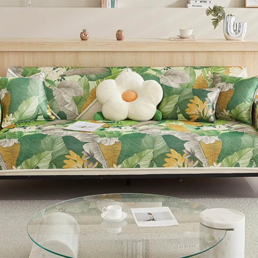 Furniture protector for sectional couches, non-slip with a vibrant tropical leaf design, easy care