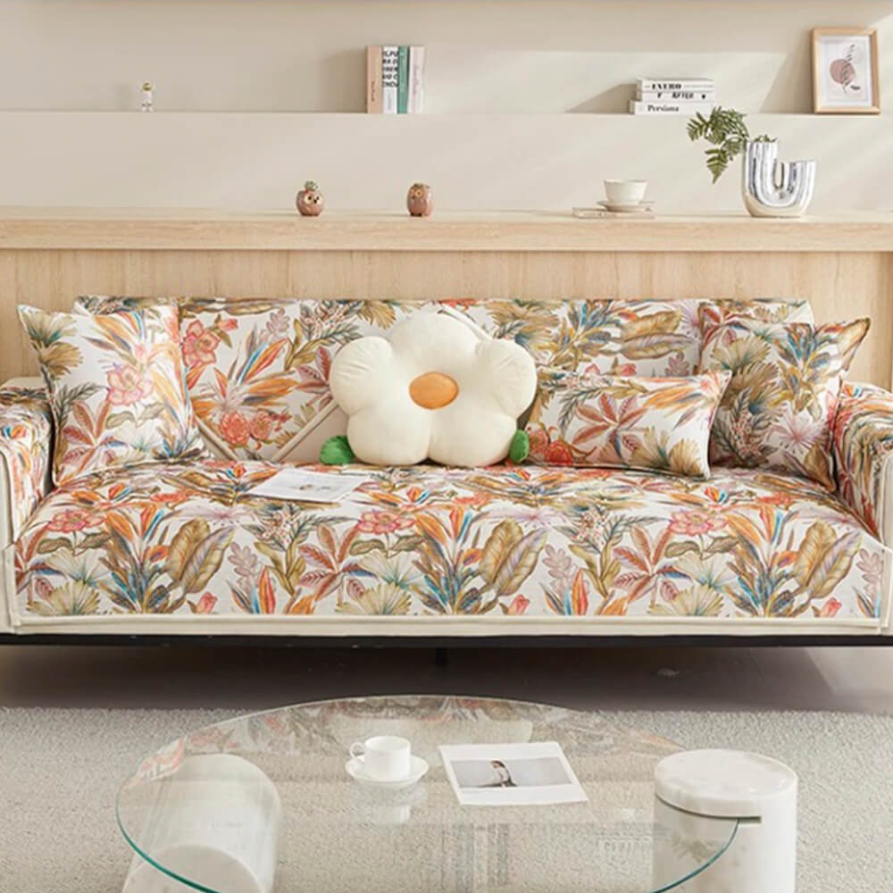 Living room accent: Tropical leaf pattern non-slip sofa cover for sectional couches, cooling fabric