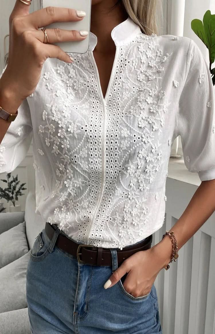 Stylish women's V-neck top, an elegant and chic blouse for versatile wear and flattering office fashion.
