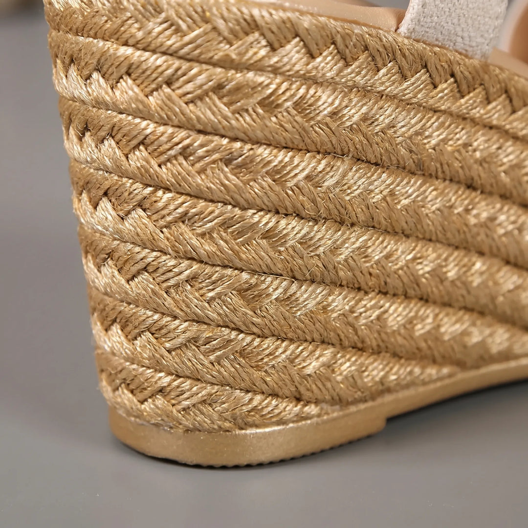 Stylish beige open-toe platform wedge sandals for women, offering elevated comfort for summer casual and evening.