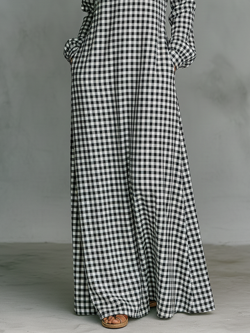 Stylish women's gingham check long sleeve maxi dress with a V-neck, a comfortable choice for spring & summer.