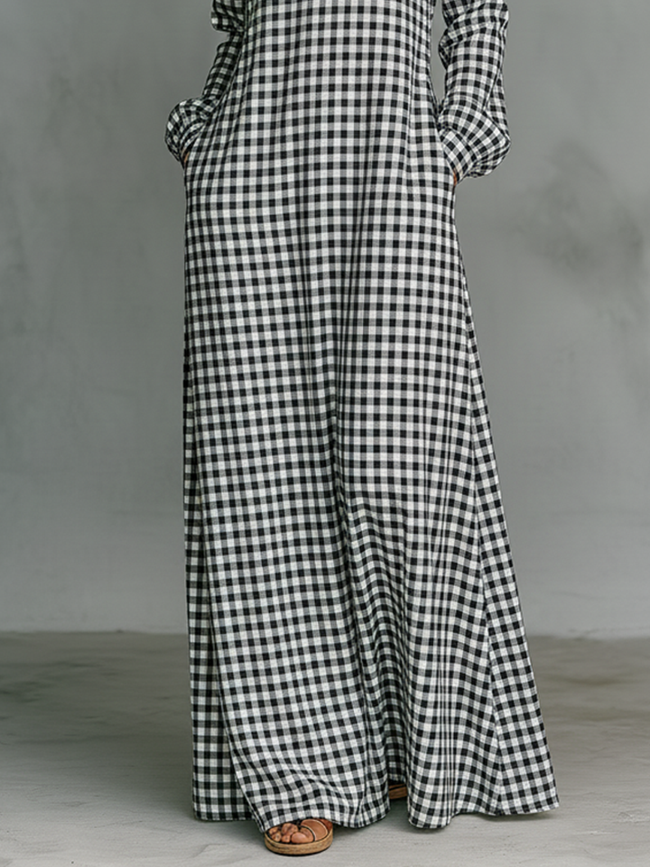 Stylish women's gingham check long sleeve maxi dress with a V-neck, a comfortable choice for spring & summer.