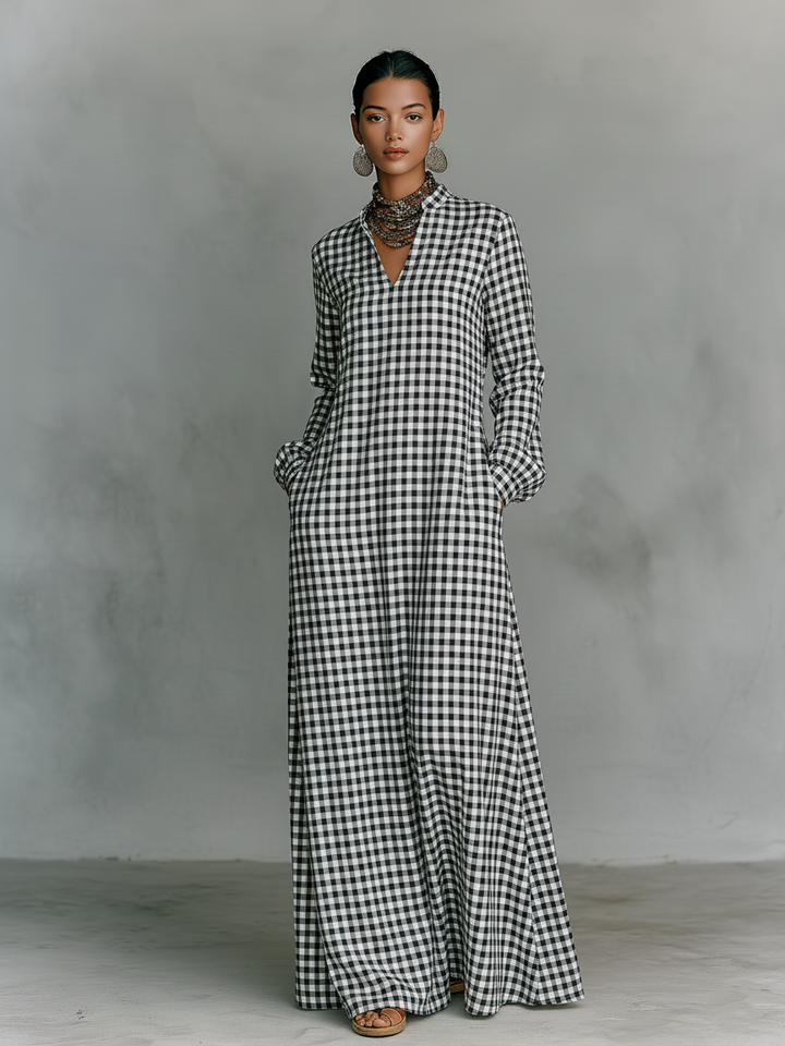 Elegant women's gingham check v-neck long sleeve maxi dress. A versatile A-line dress for casual spring outfits.