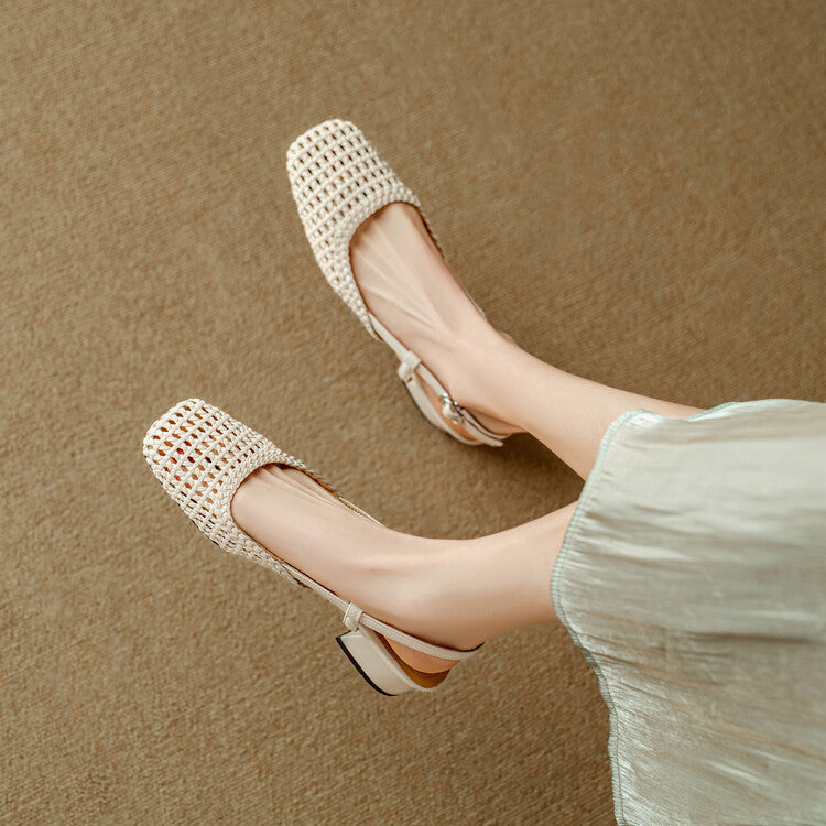 Comfortable women's slingback sandals featuring elegant braided straps and a stable block heel for all-day wear.