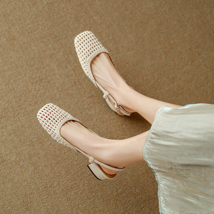 Comfortable women's slingback sandals featuring elegant braided straps and a stable block heel for all-day wear.