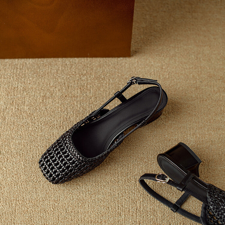 Elegant women's braided slingback sandals with a sturdy block heel, offering comfortable and stylish summer wear.