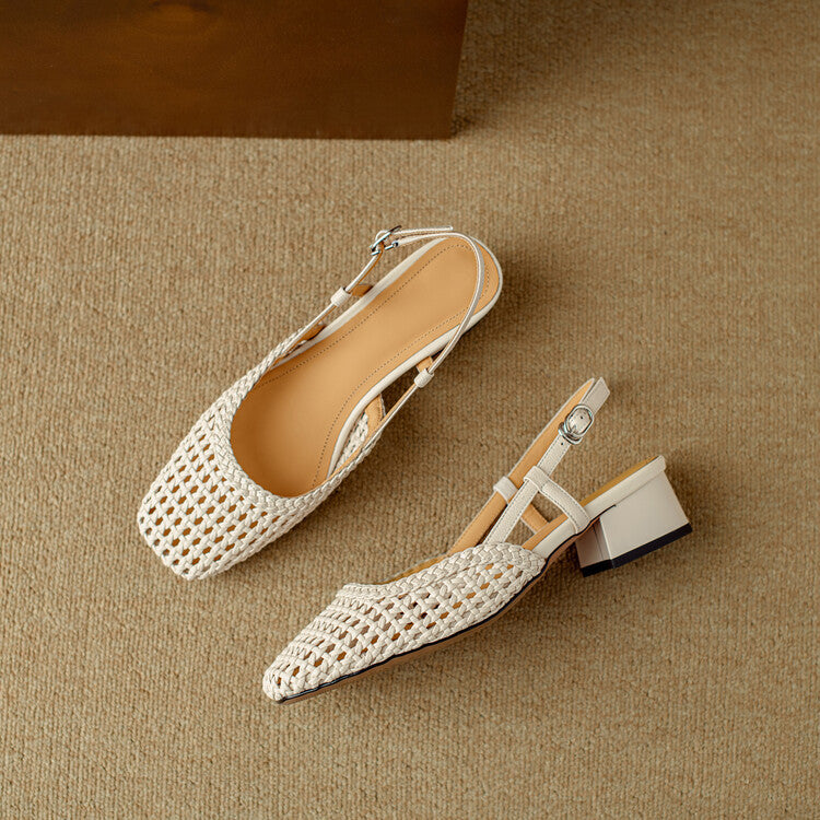 Stylish women's braided slingback block heel sandals, perfect versatile footwear for chic casual or dressy looks.