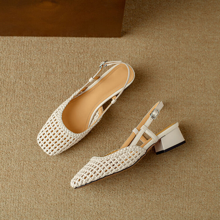 Stylish women's braided slingback block heel sandals, perfect versatile footwear for chic casual or dressy looks.