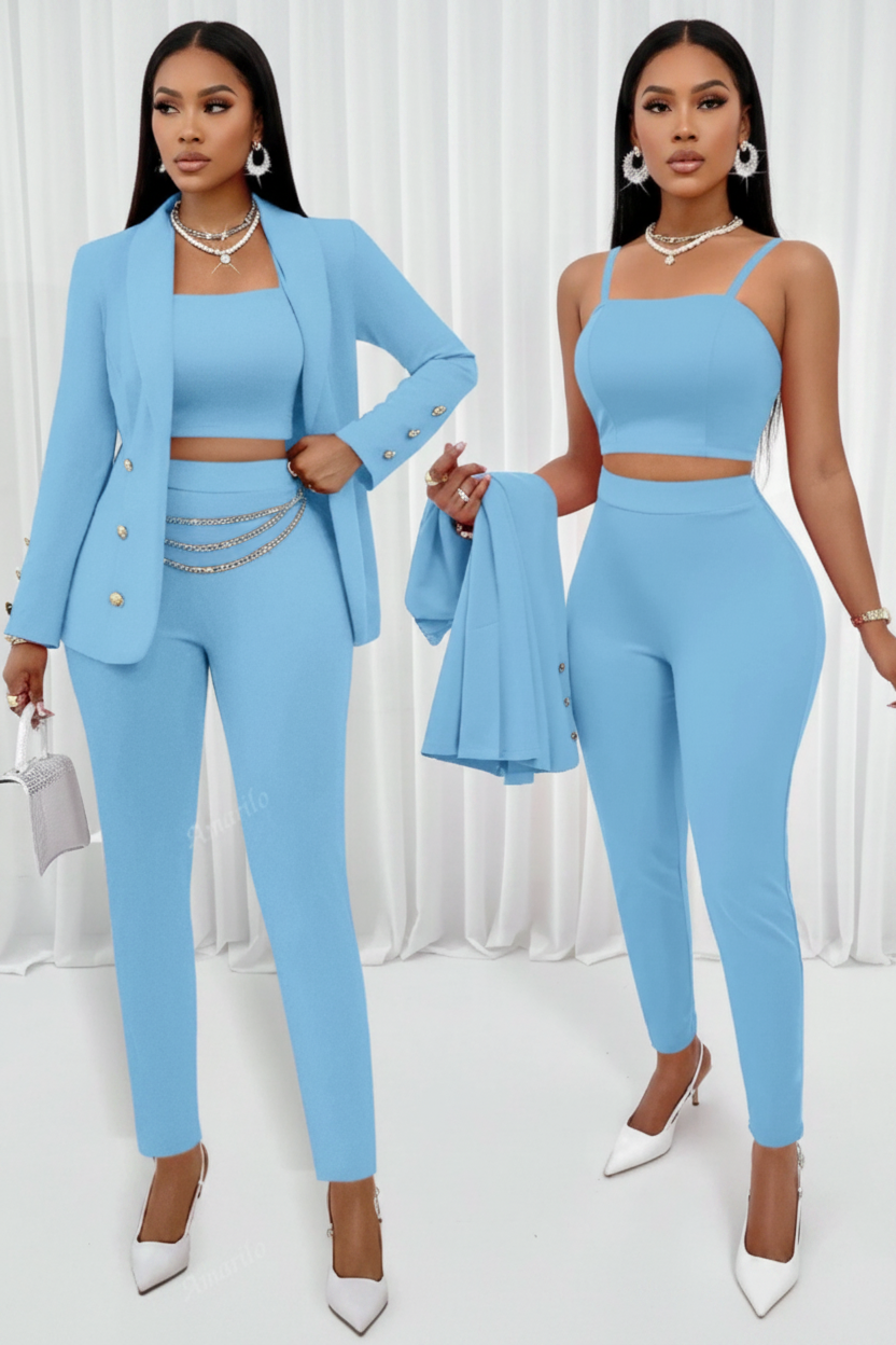 Chic women's cami pants set with straight-leg trousers. Modern two-piece outfit for business casual or office wear.