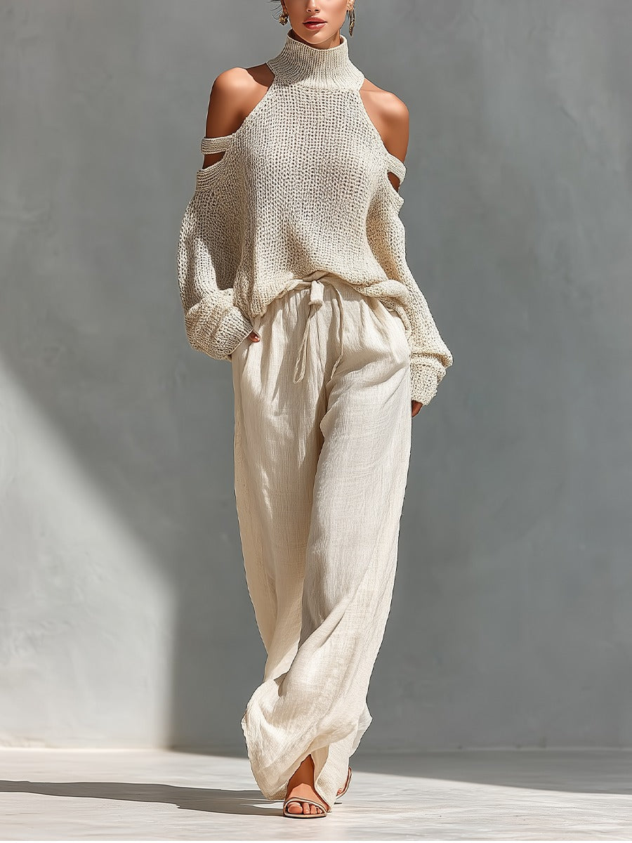 Chic women's cold shoulder top & wide leg pant set. Elegant two-piece resort wear for summer fashion.