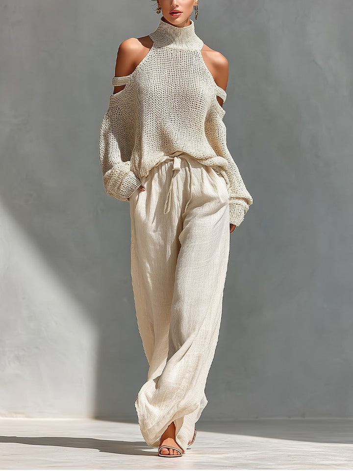 Chic women's cold shoulder top & wide leg pant set. Elegant two-piece resort wear for summer fashion.