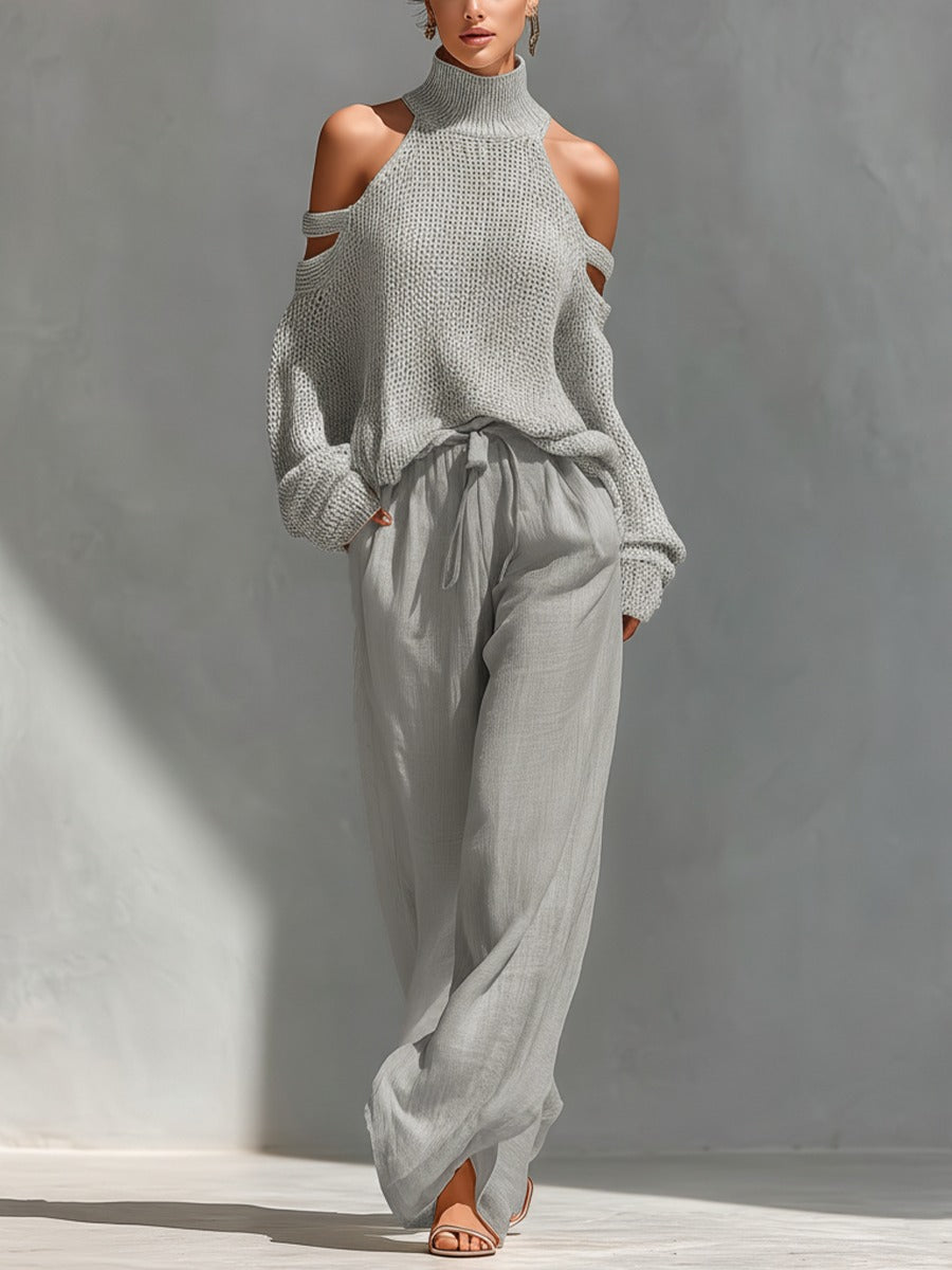 Women's relaxed fit cold shoulder top and wide leg pants set. Perfect matching two-piece for summer resort style.
