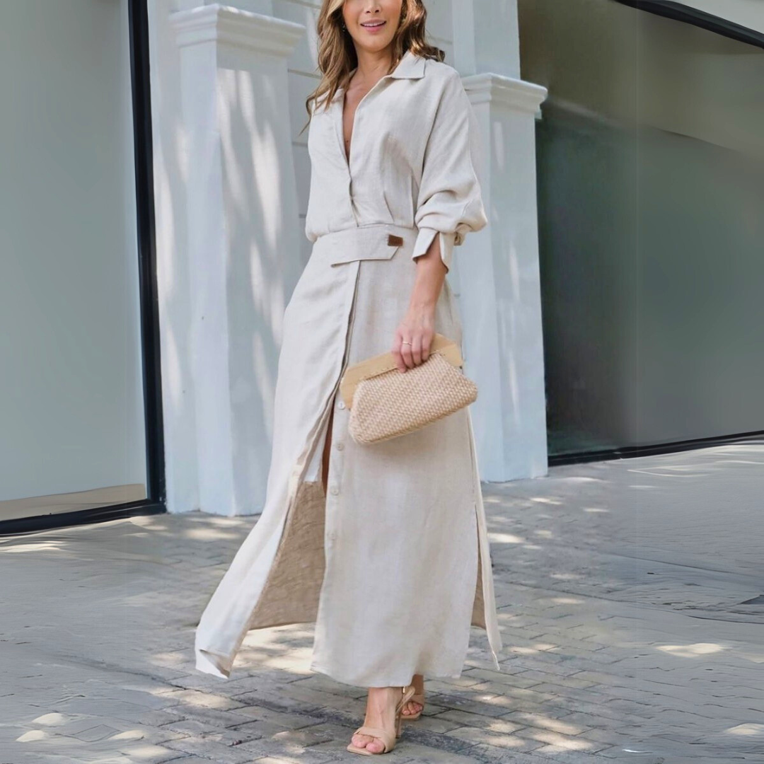 Chic women's collared shirt maxi dress with belt, perfect for a wedding guest or elegant brunch. Long sleeve design.