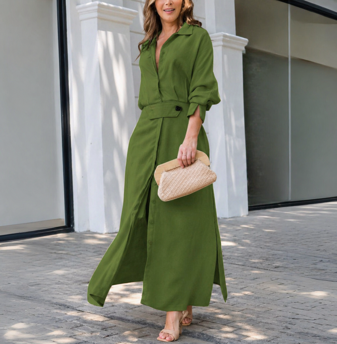 Chic women's wedding guest maxi dress. Features a collared shirt style, long sleeves, and an elegant matching belt.