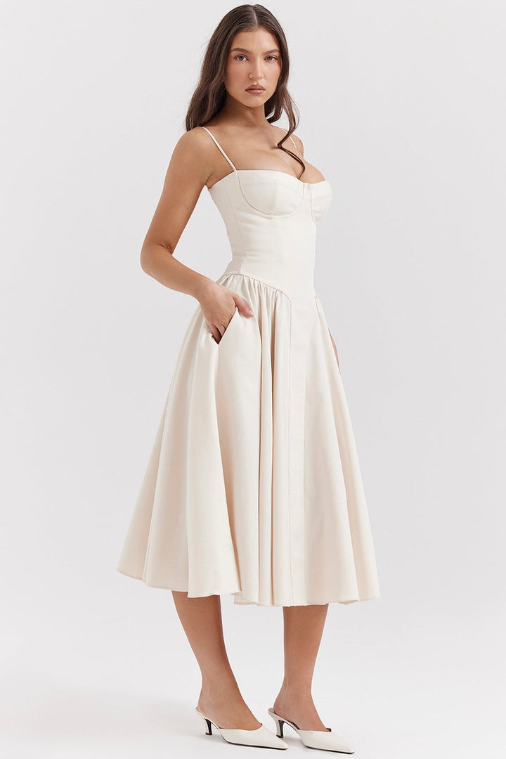 Women's formal midi wedding guest dress featuring a chic corset bodice and elegant A-line skirt.